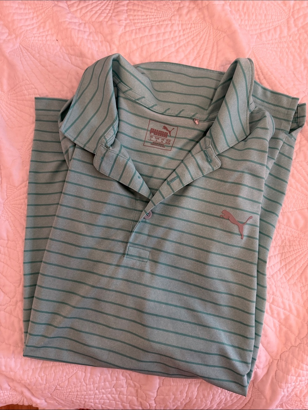 PUMA Men’s Mint Green Striped Polo with Pink Logo
